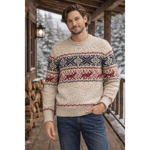 Boat House Row Mens Wool Blend Fair Isle Reindeer Sweater‎ Beige L